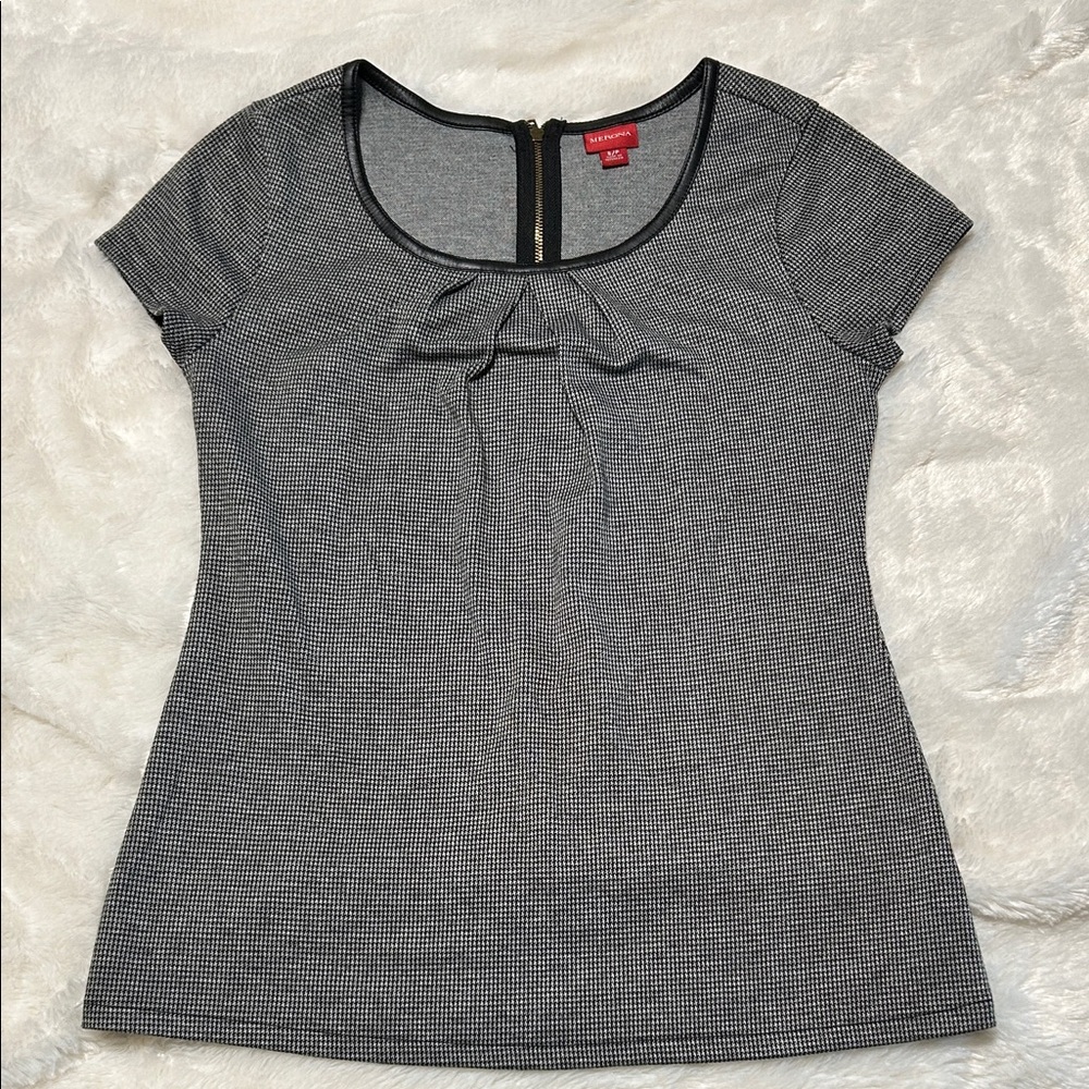 Houndstooth top with faux leather trim